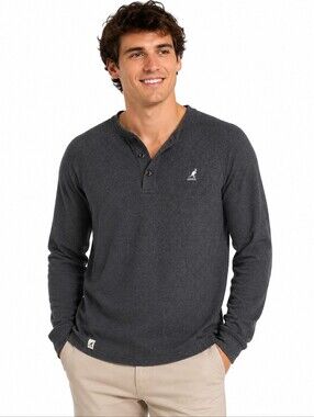 Kangol Waffle Knit Henley Long Sleeve Top Gray M/M Casual Logo Shirt